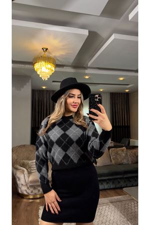 bisiklet yaka baklava desen triko kazak-gri