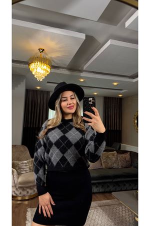 bisiklet yaka baklava desen triko kazak-gri