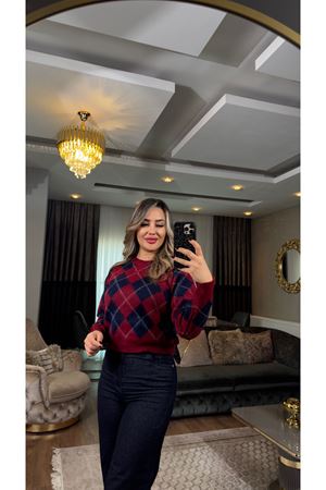 bisiklet yaka baklava desen triko kazak-bordo