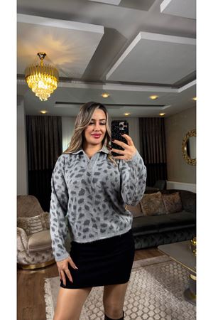 desenli polo yaka düğmeli triko kazak-gri 