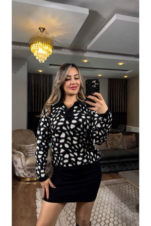 desenli polo yaka düğmeli triko kazak-siyah