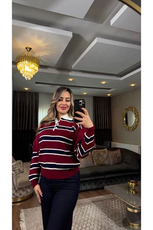 çizgili polo yaka düğmeli kazak-bordo