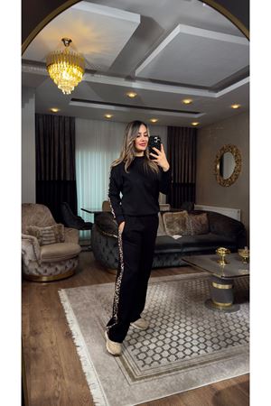 leopar garnili eşofman takımı-siyah