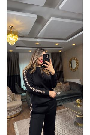 leopar garnili eşofman takımı-siyah