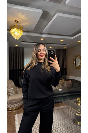 leopar garnili eşofman takımı-siyah