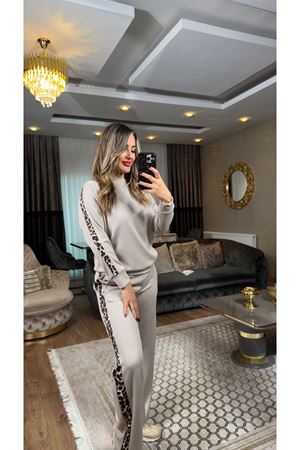 leopar garnili eşofman takımı-bej