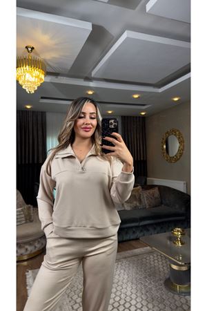 fermuarlı modal takım-bej