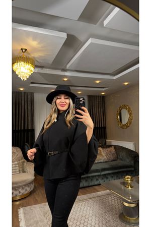 premium kaşe kemerli panço-siyah