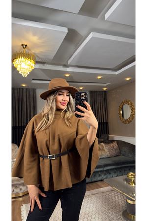 premium kaşe kemerli panço-acıkahve