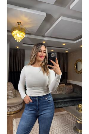 premium yanı büzgülü kayık yaka bluz-ekru