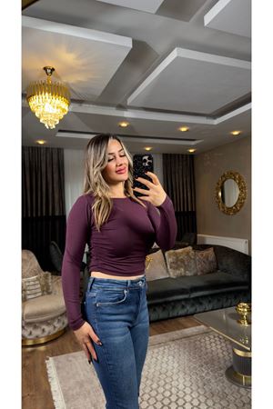 premium yanı büzgülü kayık yaka bluz-mürdüm