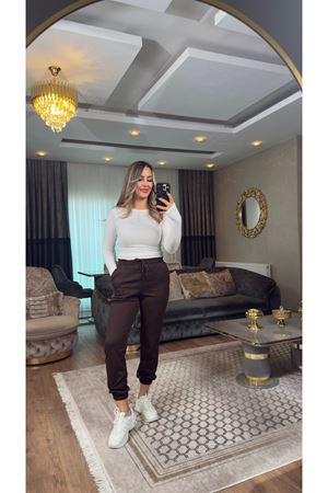 premium pamuklu oysho lastikli eşofman-acıkahve