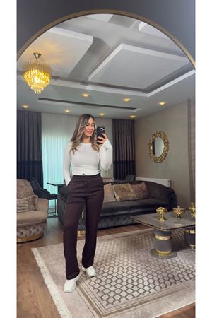 premium pamuklu palazzo cepli eşofman-acıkahve