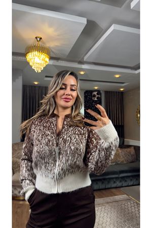 fermuarlı desenli yumoş hırka-camel