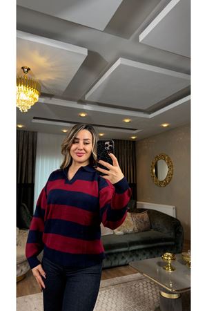 polo yaka kalın çizgili kazak-bordolacivert