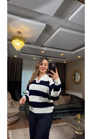 polo yaka kalın çizgili kazak-lacivertekru