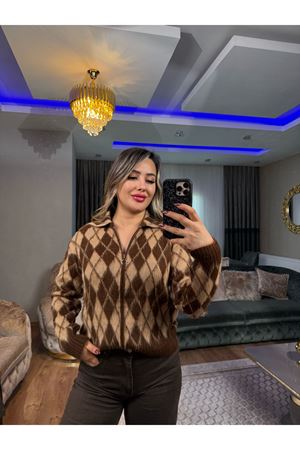 desenli yumoş triko ceket-kahve