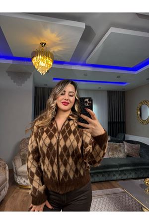 desenli yumoş triko ceket-kahve