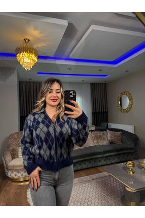 desenli yumoş triko ceket-lacivert