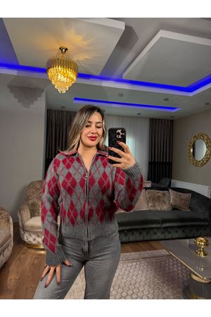 desenli yumoş triko ceket-kırmızı