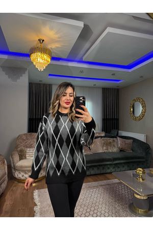 bisiklet yaka desenli salaş triko kazak-siyah