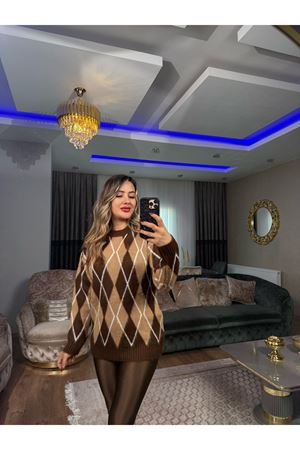 bisiklet yaka desenli salaş triko kazak-kahve