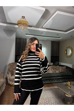 boğazlı çizgili kazak- siyah