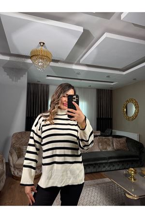 boğazlı çizgili kazak- krem