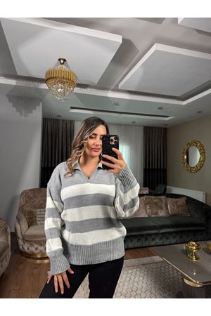 polo yaka kalın çizgili kazak - gri