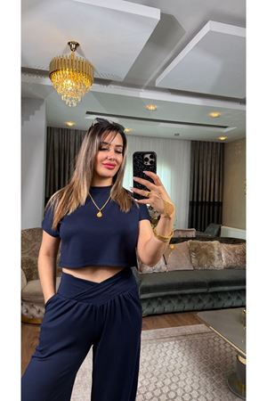 oysho bel detay bisiklet yaka takım-lacivert