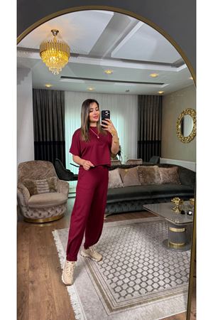 oysho bilek detay bisiklet yaka takım-bordo