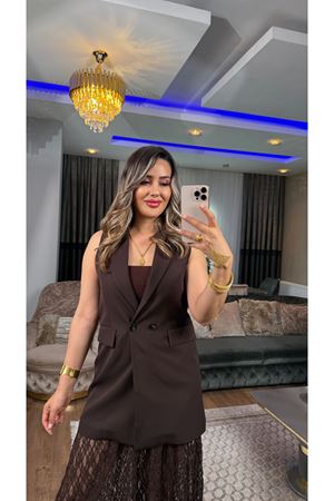 dantel etek yelekli takım-acıkahve