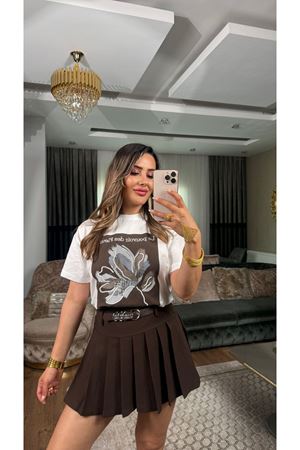 bisiklet yaka baskılı tişört-ekrukahve