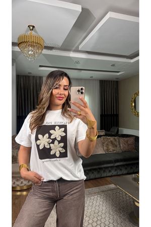 çiçek nakış işlemeli tişört-kahvebeyaz