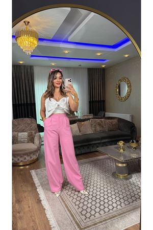 bol paça kumaş pantolon-pembe