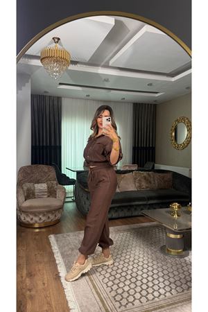 düğmeli kargo takım-acıkahve