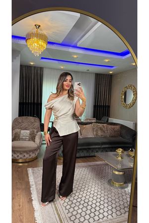 beli bağcıklı bol paça saten pantolon-acıkahve