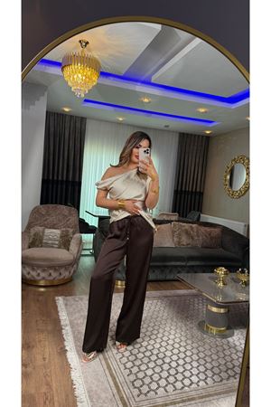 beli bağcıklı bol paça saten pantolon-acıkahve