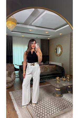sateen toka aksesuar detaylı palazzo pantolon-ekru