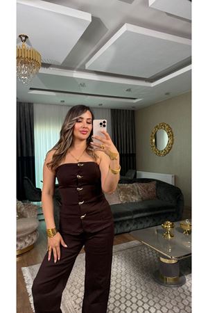 miss cix düğme detaylı straplez ikili takım-acıkahve