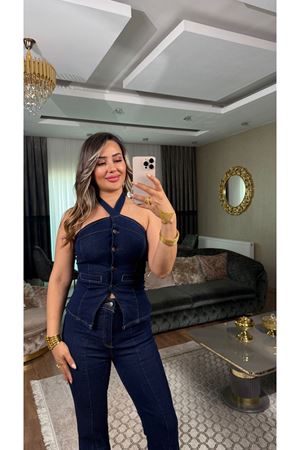 miss cix boyundan bağlamalı jean ikili takım-lacivert