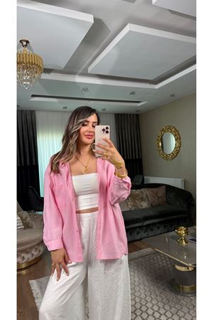 msperry düşük omuzlu oversize gömlek-pembe