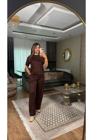 oysho taşlı basic kadın ikili takım-acıkahve