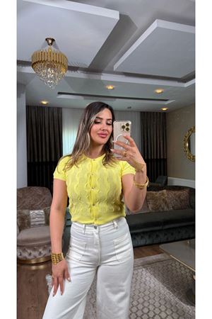 Dilvin bisiklet yaka dokulu düğmeli triko hırka-sarı