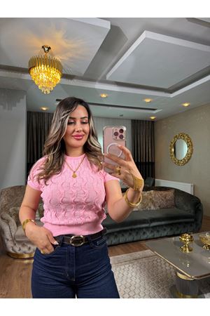 Dilvin bisiklet yaka dokulu triko bluz-pembe