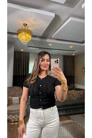 Dilvin bisiklet yaka dokulu düğmeli triko hırka-siyah