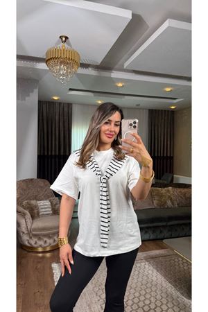 bağlamalı çizgili tişört-gribeyaz