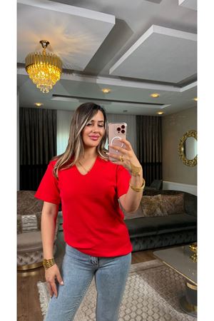 v yaka basic kadın tişört-kırmızı