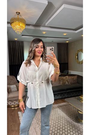 sateen batık desen beli bağcıklı gömlek-ekru
