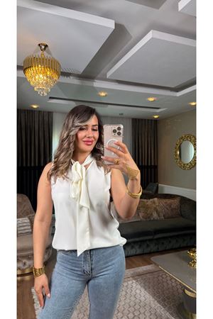 sateen fularlı sıfır kol bluz-ekru